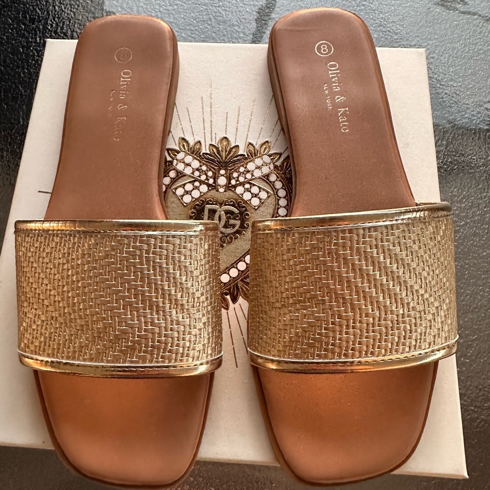 Gold Woven Slide Sandals 8